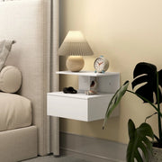 Comodino sospeso con cassetto e vano aperto in legno bianco