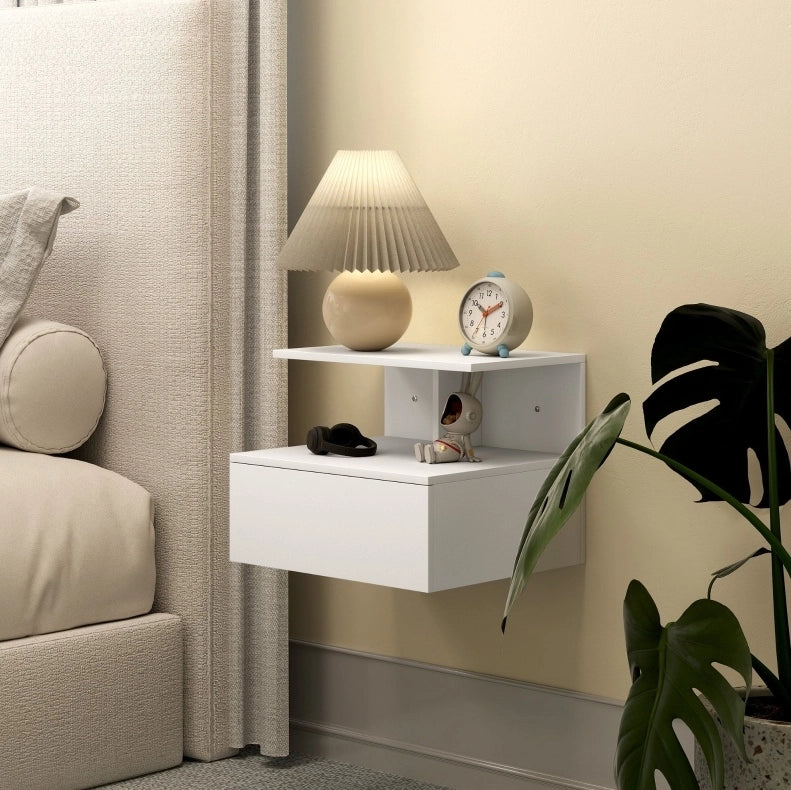 Comodino sospeso con cassetto e vano aperto in legno bianco