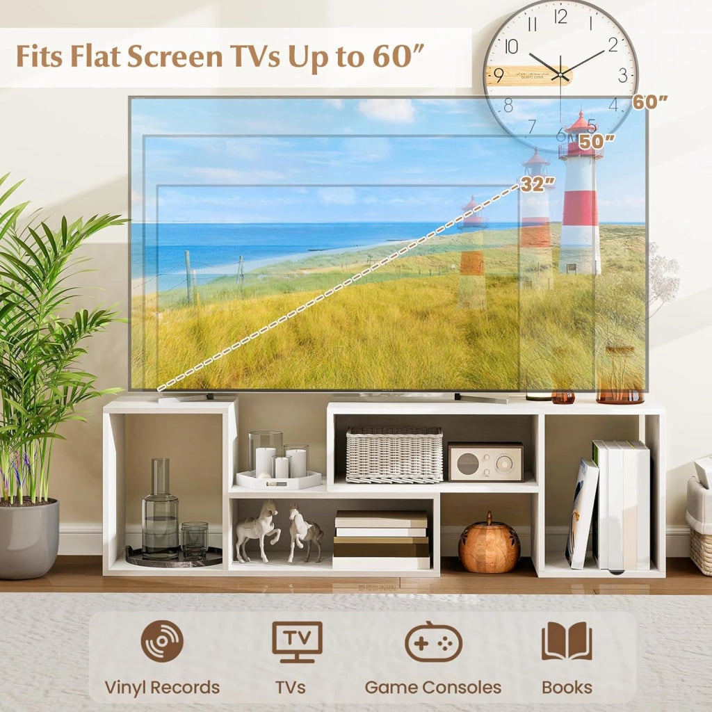 Mobile TV Soggiorno Liberamente Combinabile da 2 Pezzi, Mobiletto Multifunzione per Televisione fino a 60”, Mobile Porta TV in Legno con Vani Aperti e Chiusi, per Camera da Letto (Bianco)