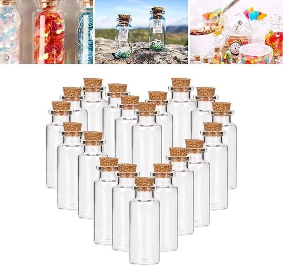 Mini flessini in vetro con tappo - contenitori vuoti per reazione - 20 pezzi - decorazioni DIY - 10 ml - 22 x 50 x 125 mm
