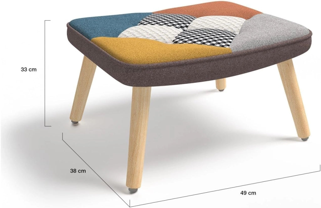 Poltrona scandinava IVAR con poggiapiedi in tessuto patchwork multicolore