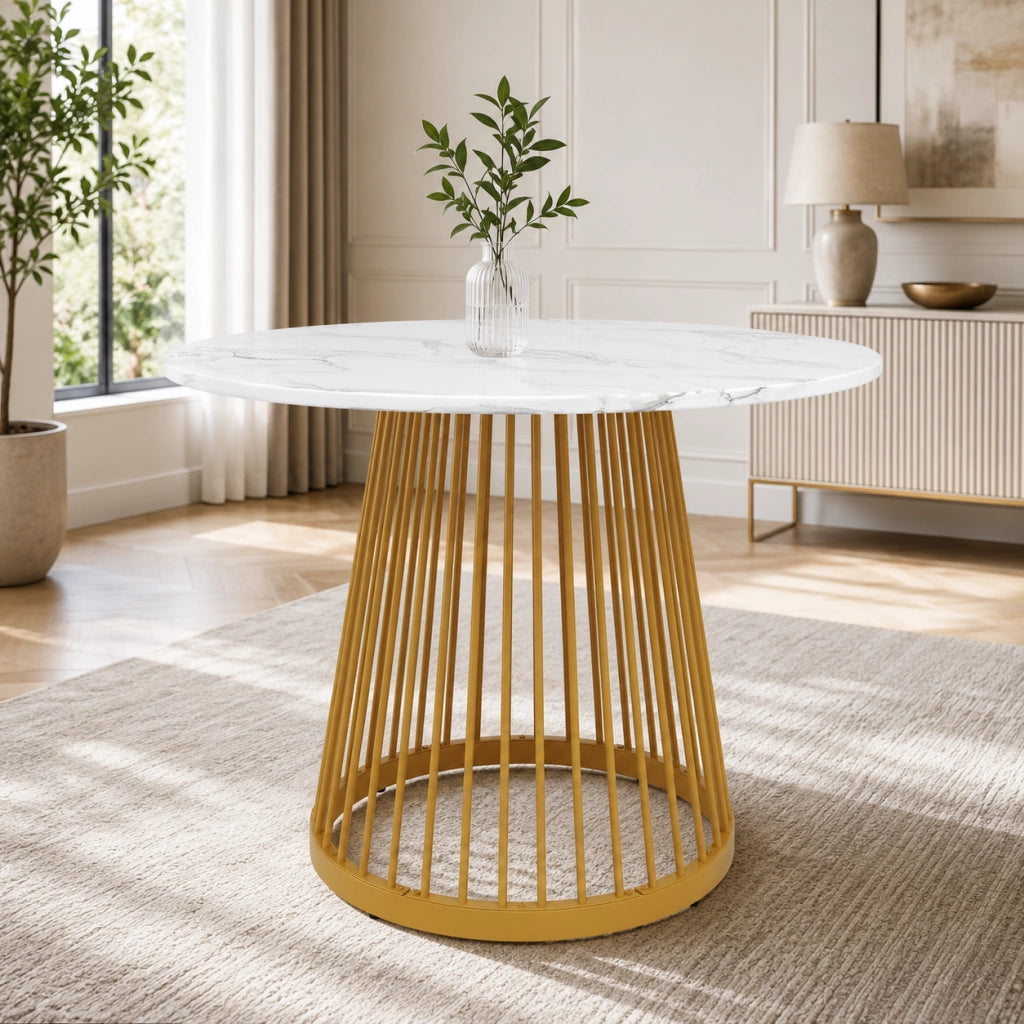 Tavolo da pranzo 80x80x76 cm con gambe regolabili; piano in MDF e ferro; oro e bianco
