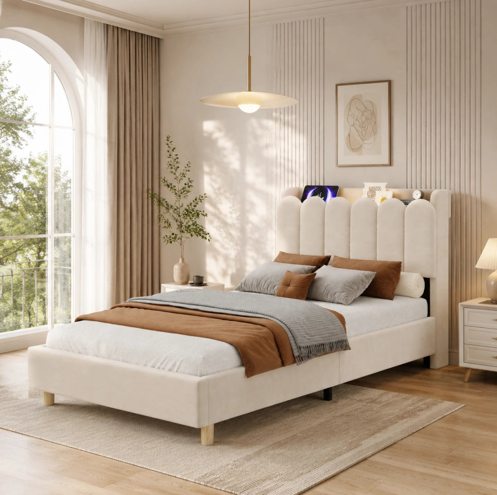 Letto imbottito per bambini 90x200 cm in velluto beige con rete a doghe; USB; Type-C e luce notturna