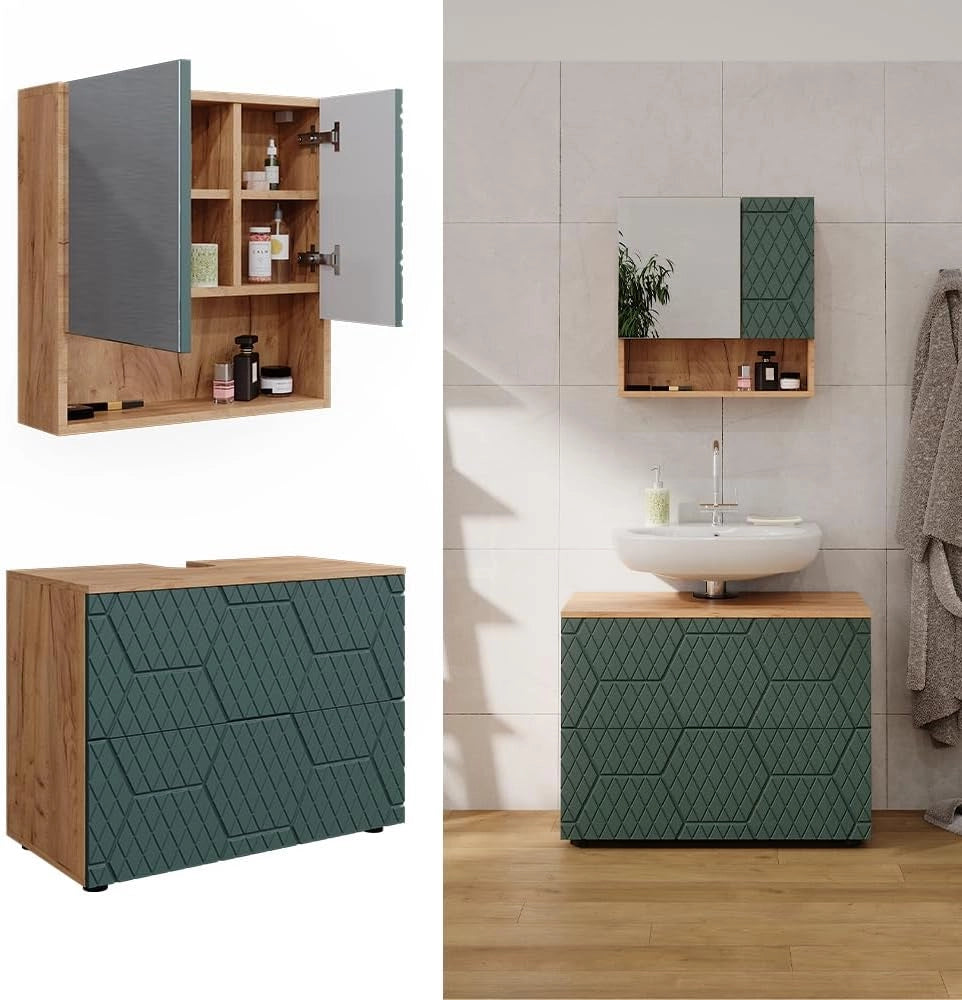 Set mobili bagno Irma, Quercia verde/oro, 2 parti