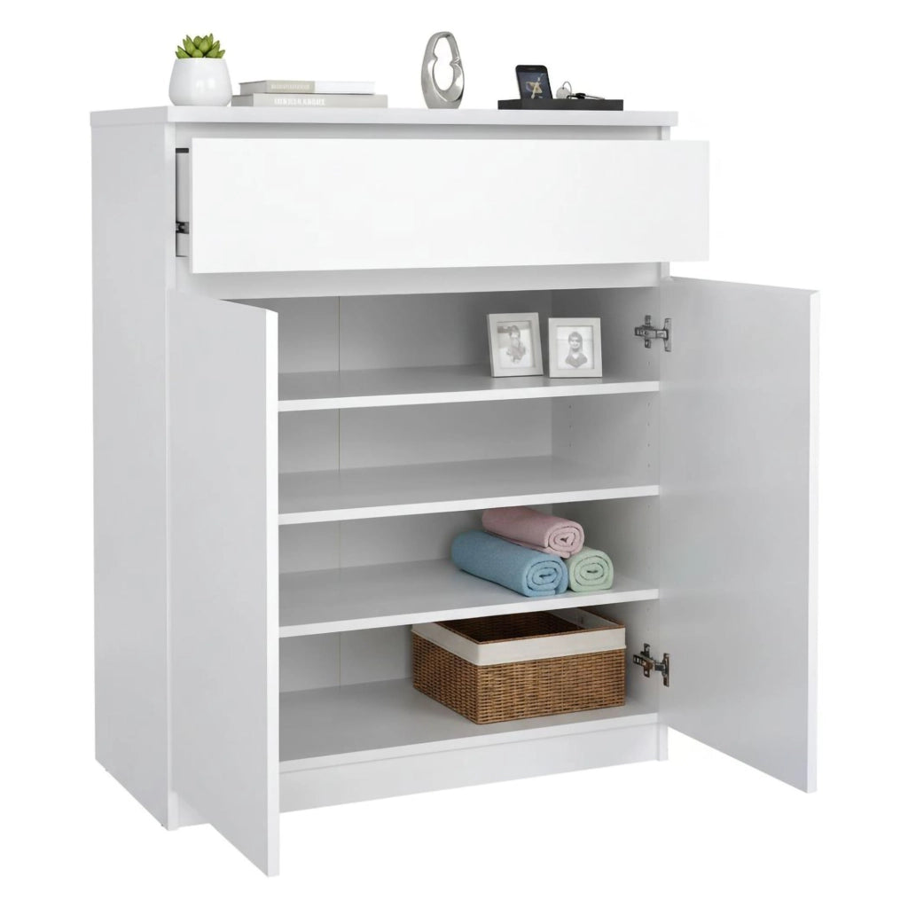 Credenza con ante e un Genziana, colore bianco lucido, cm 80 x 100 x 41
