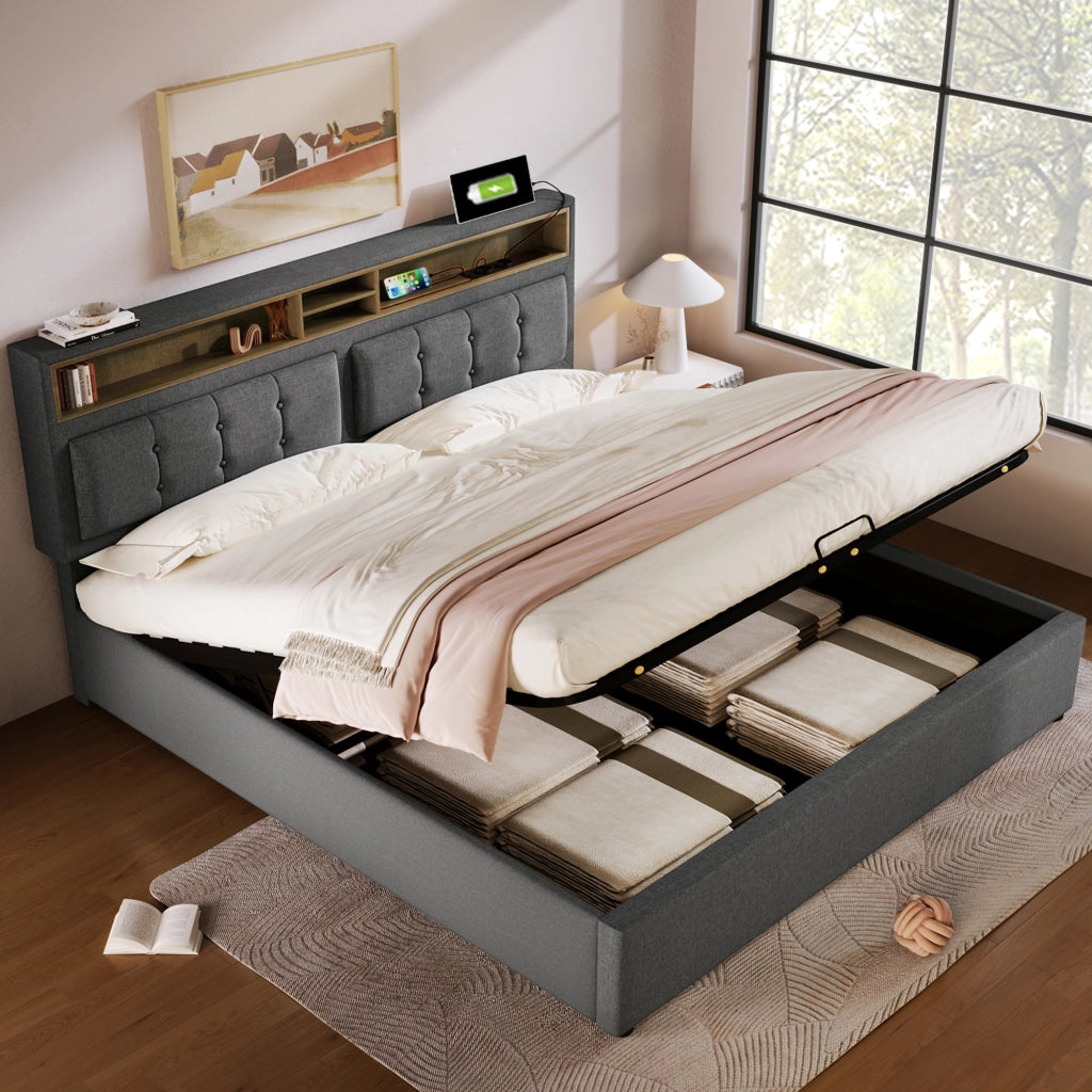 Letti contenitori 160x200 cm; testiera regolabile con USB e prese; lino grigio (Senza materasso)