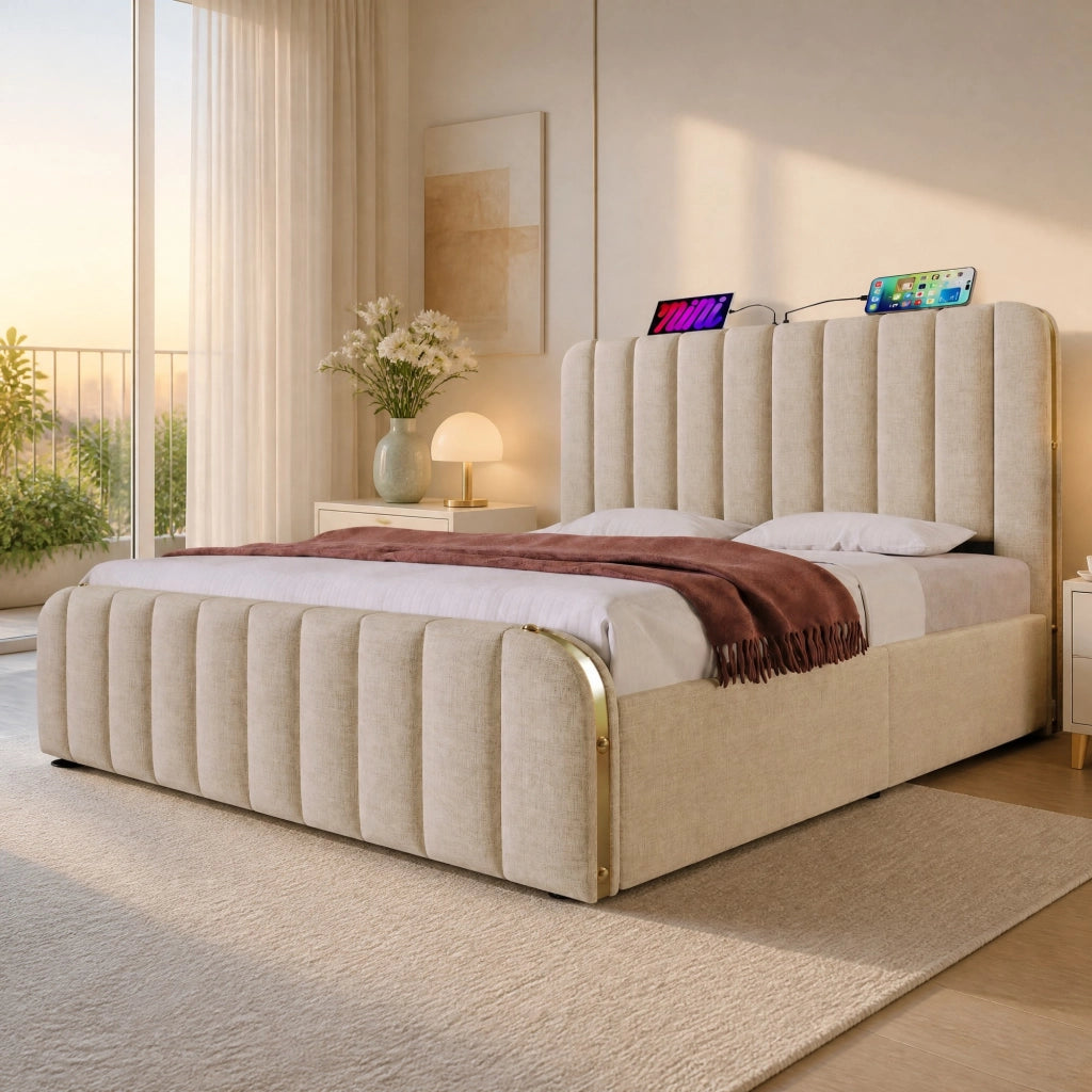 Letto matrimoniale imbottito 160x200 cm con contenitore, USB Type-C, beige