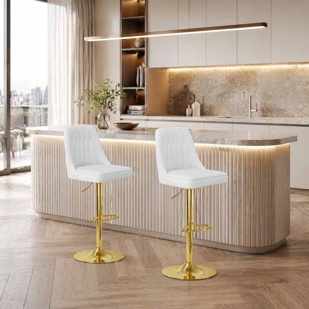 Sgabello da bar set da 2 girevole a 360° e regolabile in altezza con schienale trapuntato in PU metallo bianco e oro