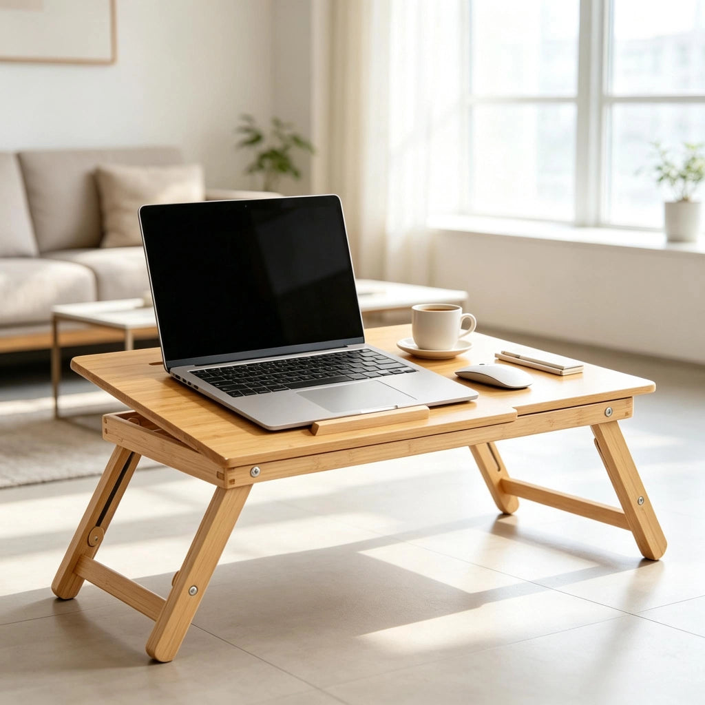 Tavolino pieghevole con cassetto e piano inclinabile per letto in bambù 55×35×22-32.5 cm