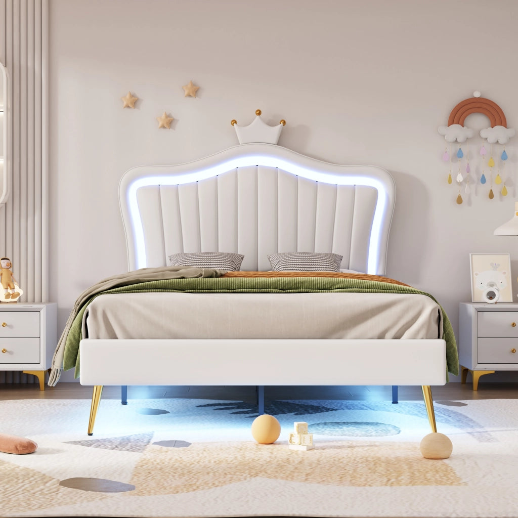 Letto bambino imbottito – 90x200 cm – LED testiera corona – PU bianco