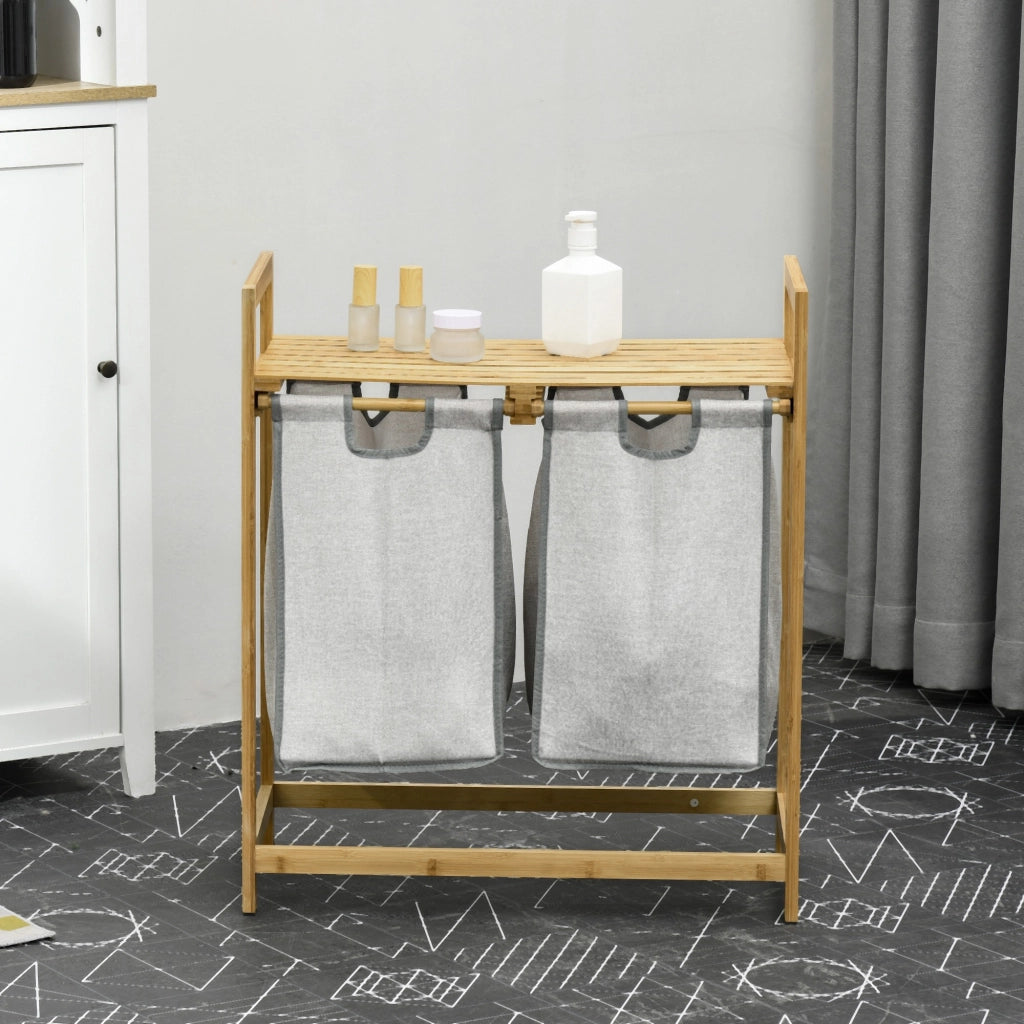 Cestino per Biancheria in Bamb¨´ con 2 Sacchetti Estraibili e Ripiano ¨C Minimal ¨C 64x33x73 cm Naturale
