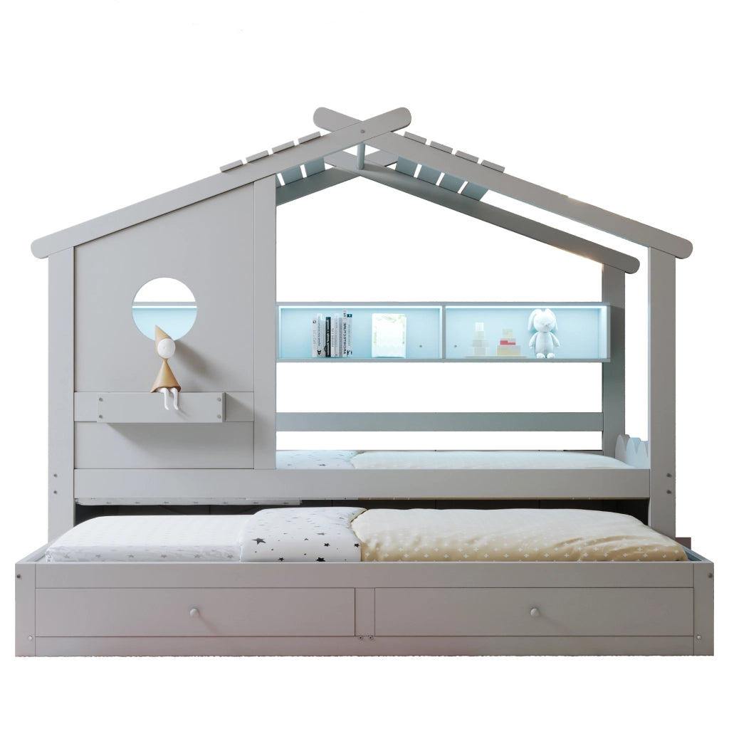 Letto Singolo con Letto Estraibile e LED ¨C MINIMAL ¨C Grigio, 90x200, con Cassetti e USB