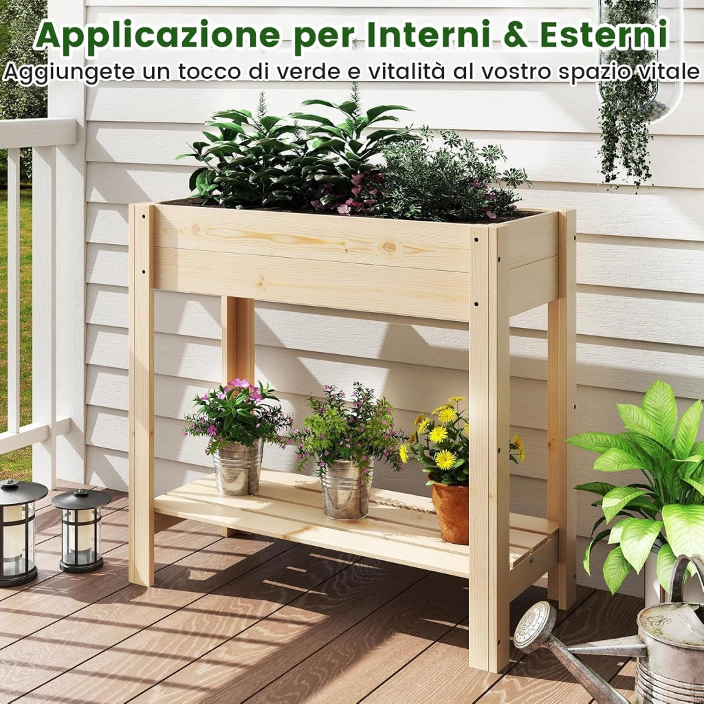 Letto da Giardino Rialzato in Legno, Fioriera Elevata con Ripiano, Drenaggio, Contenitore per Fiori, Erbe e Frutta, Scatola da Giardinaggio per Interno ed Esterno, 81x37x77CM