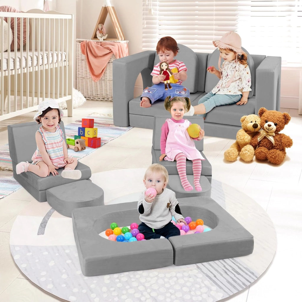 Divano Giocattolo per Bambini a 8 Pezzi, Divano Modulare per Bambini in Schiuma con Tessuto Suede, Poltrone per Bambini per Stanze da Gioco, Camere da Letto, Soggiorno (Grigio)