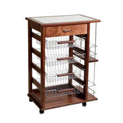 CARRELLO VESUVIO CON CASSETTO+PORTABOTTIGLIE NOCE IN FAGGIO BASE MULTISTRATO DI BETULLA 1 CASSETTO 4 CESTELLI PIANO MATTONELLE IN CERAMICA