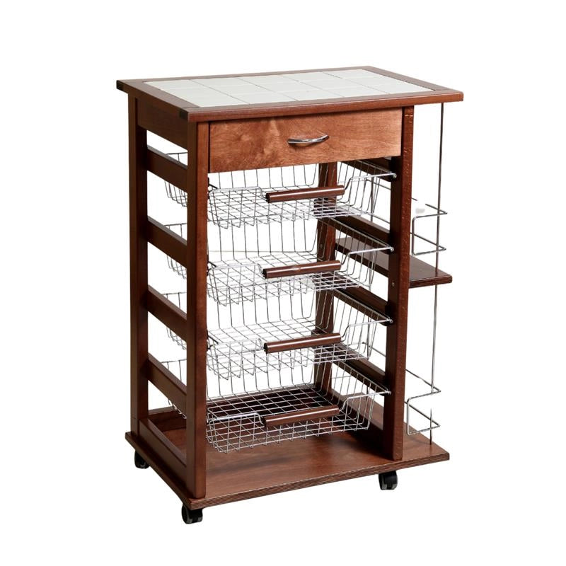 CARRELLO VESUVIO CON CASSETTO+PORTABOTTIGLIE NOCE IN FAGGIO BASE MULTISTRATO DI BETULLA 1 CASSETTO 4 CESTELLI PIANO MATTONELLE IN CERAMICA
