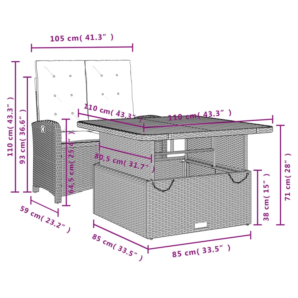 Set da Pranzo da Giardino 2 pz con Cuscini Nero in Polyrattan 3277319