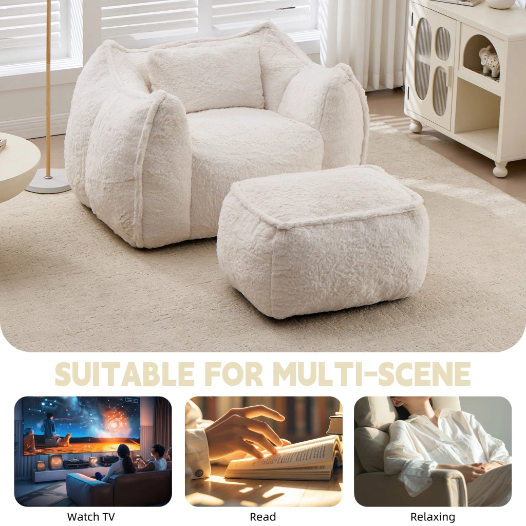 Poltrona Sacco Gigante con Pouf e Cuscino ¨C Xylo ¨C Tessuto Pelliccia Sintetica Beige