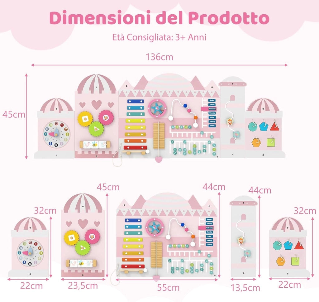 Pannelli da Parete con attività, Busy Board 11 in 1 Montessori in Legno per Sviluppo Sensoriale, Centro di attività Educativo Montato a Parete per Stanza Giochi, Asilo Nido (Castello)