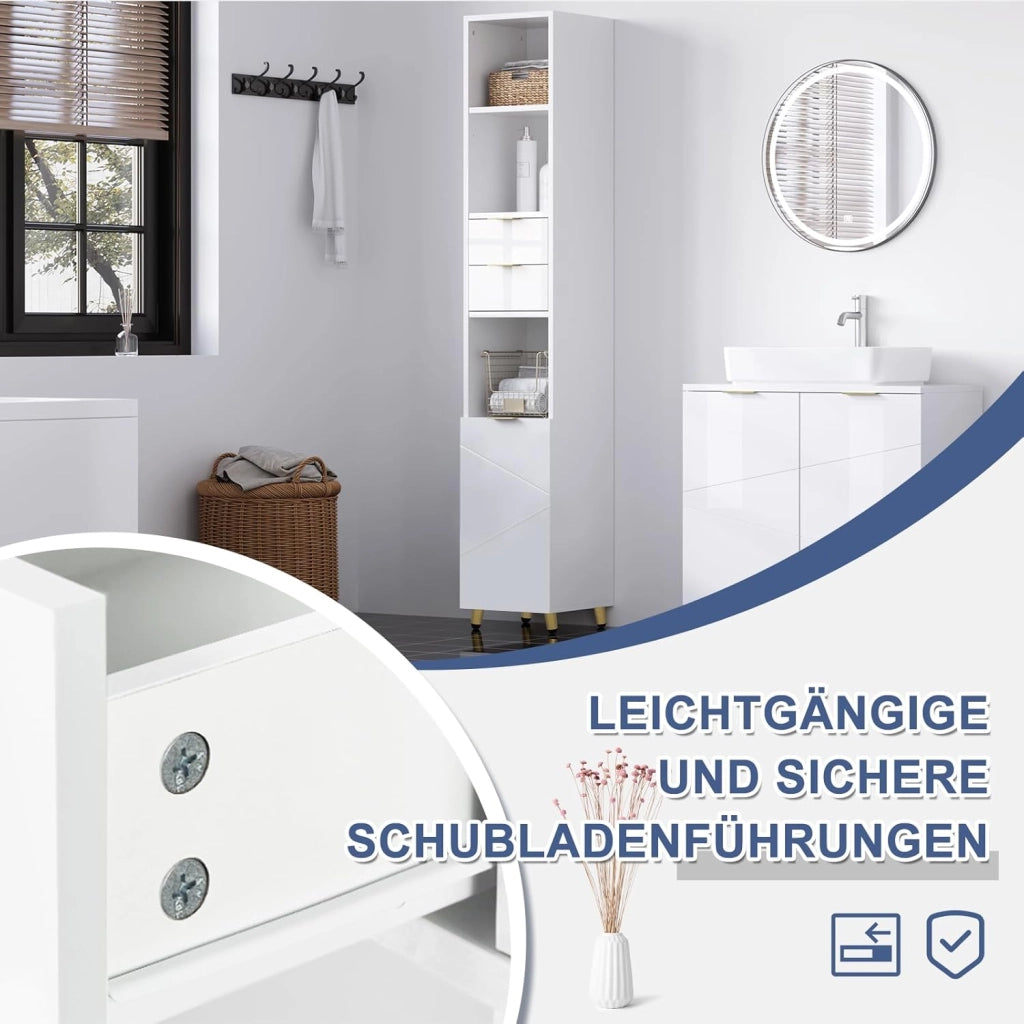 Mobile da Bagno Salvaspazio Alto e Stretto, Colonna da Bagno con 2 Cassetti, 3 Scomparti a Giorno, 1 Vano con Anta, Ripiani Regolabili, in MDF e Metallo, Bianco Lucido, 30x28,5x160cm