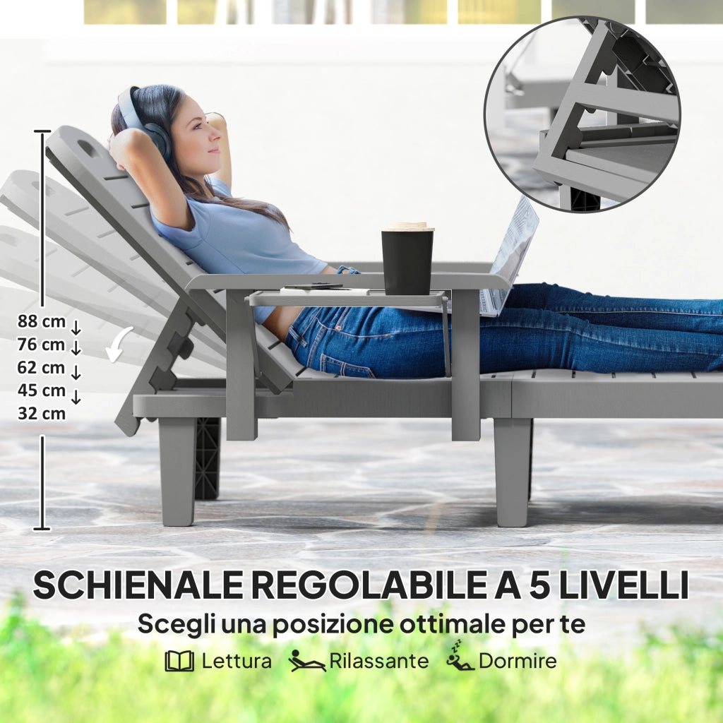 Set 2 Sdraio da Giardino Regolabili 79x158x88 cm con Tavolino e Braccioli in Polipropilene Grigio Scuro