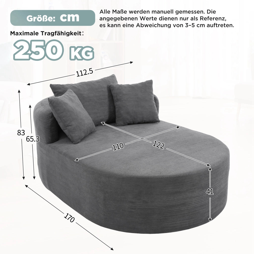 Poltrona relax ovale con seduta profonda e design compatto in velluto a coste - grigio