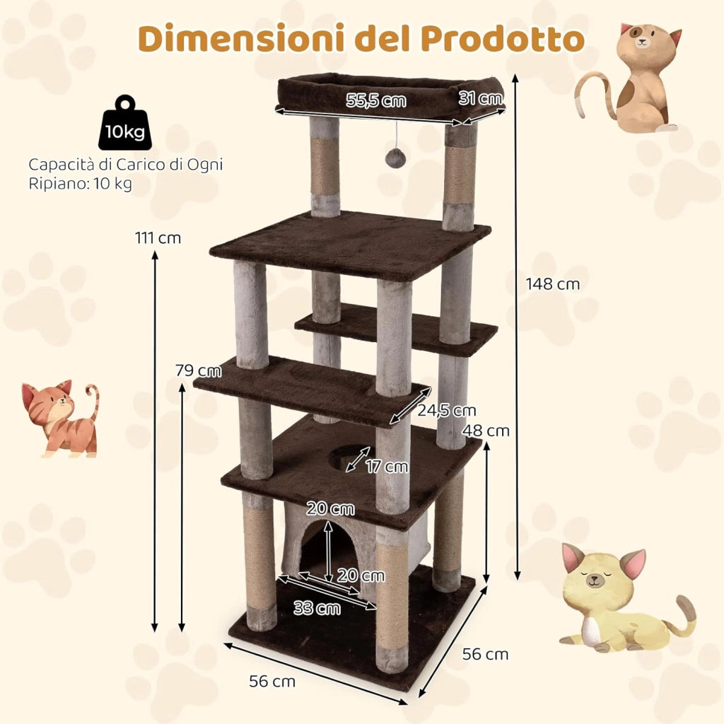 Albero per Gatti Alto 148 cm, Tiragraffi per Gatti con Condo Aereo Oscillante, Cuccia Morbida, Tiragraffi, Foro e Pompon e Piattaforme, Mobile da Arrampicata Interna