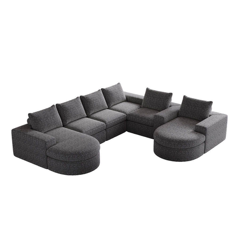 Divano angolare modulare in ciniglia con cuscini poggiatesta e chaise longue reversibile grigio