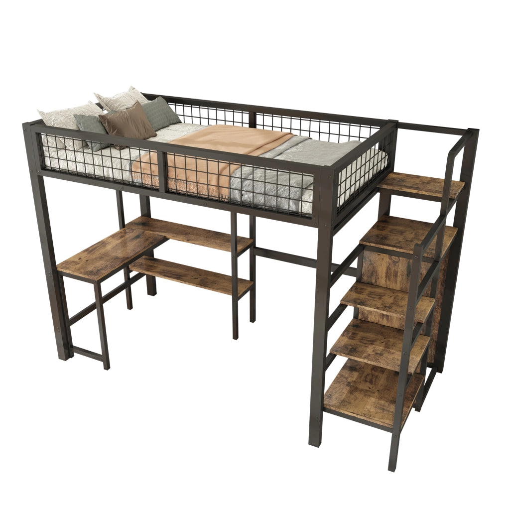 OKWISH Letto a Soppalco 90×200 cm, Letto Singolo con Scrivania, Mensole e Armadio, senza Materasso, in Metallo e MDF, Nero e Marrone