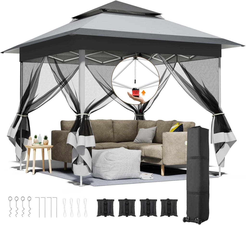 Gazebo pieghevole 3,3x3,3 m, con 4 pannelli laterali in zanzariera, One Push tenda con doppio tetto, Gazebo impermeabile da giardino 4 PCS Sacchi di Sabbia, per mercato/campeggio/spiaggia, Grigio