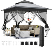 Gazebo pieghevole 3,3x3,3 m, con 4 pannelli laterali in zanzariera, One Push tenda con doppio tetto, Gazebo impermeabile da giardino 4 PCS Sacchi di Sabbia, per mercato/campeggio/spiaggia, Grigio