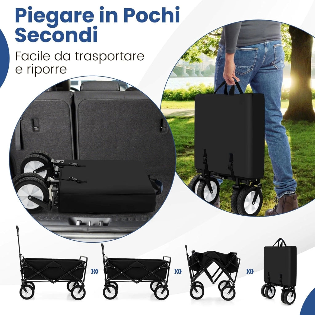Carrello da Spiaggia Pieghevole, Carrello con Ruote Portatutto con Maniglia Regolabile, 2 Tasche a Rete e Portabicchieri, Carretto Giardino Portatile per Campeggio, Shopping e Mare (Nero)