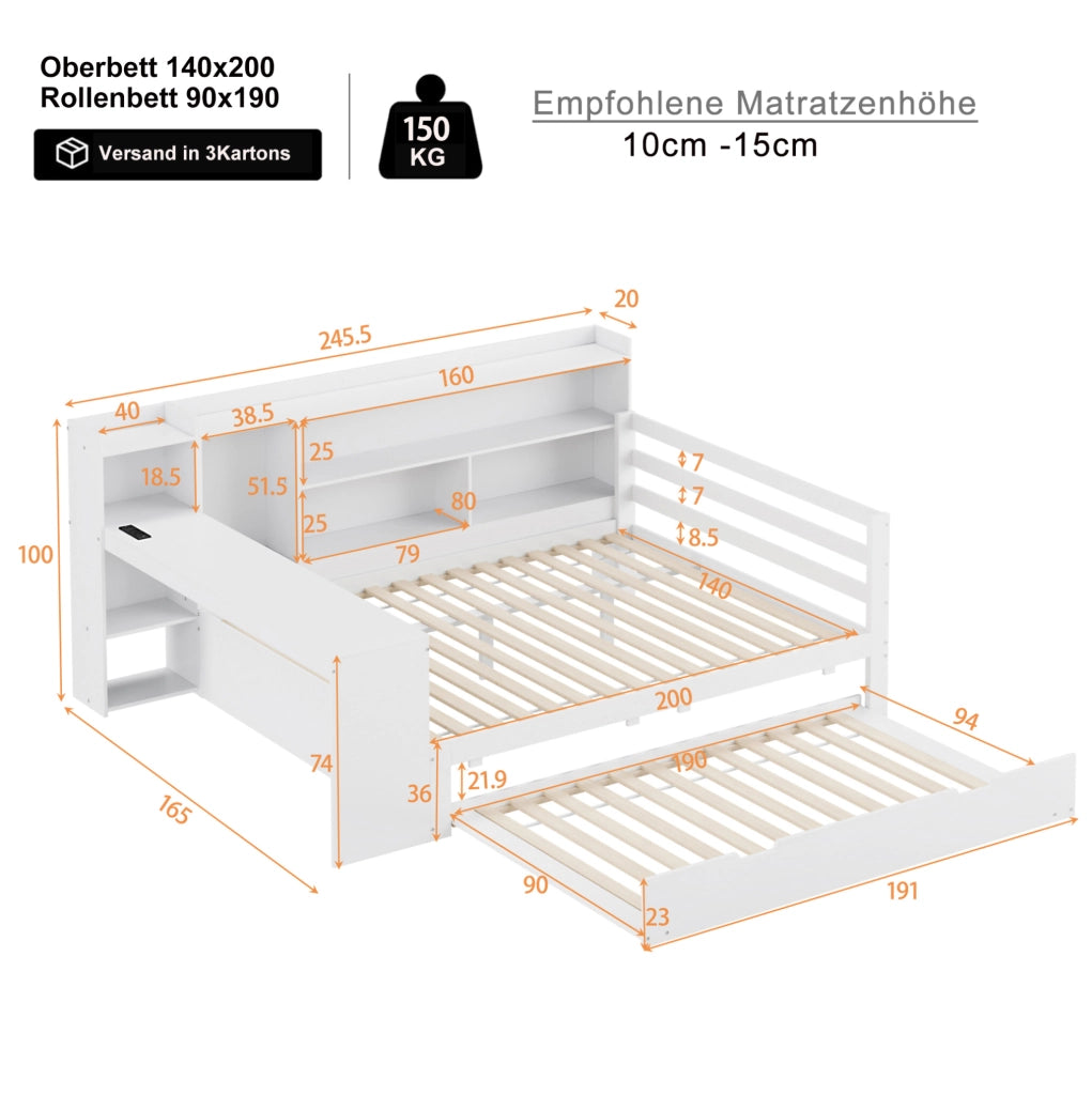 Sofa letto 140x200 cm con letto estraibile; ripiani e presa in legno bianco