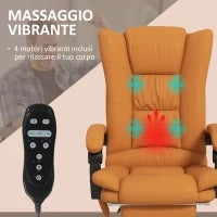 Poltrona da Ufficio Massaggiante e Riscaldata, Reclinabile con Poggiapiedi, Finta Pelle Marrone Chiaro