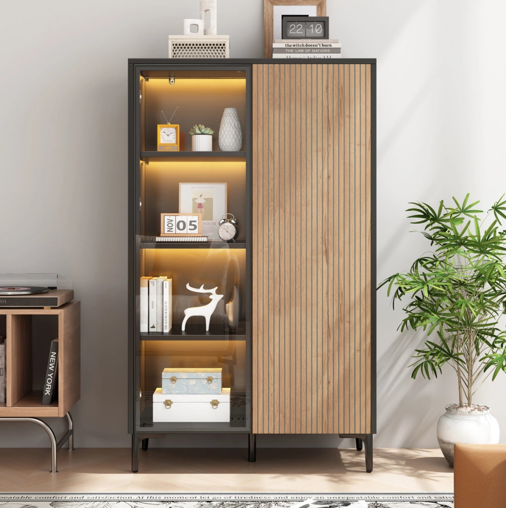 Vetrina 90x40x135 cm in MDF nera e legno con LED e 8 vani –