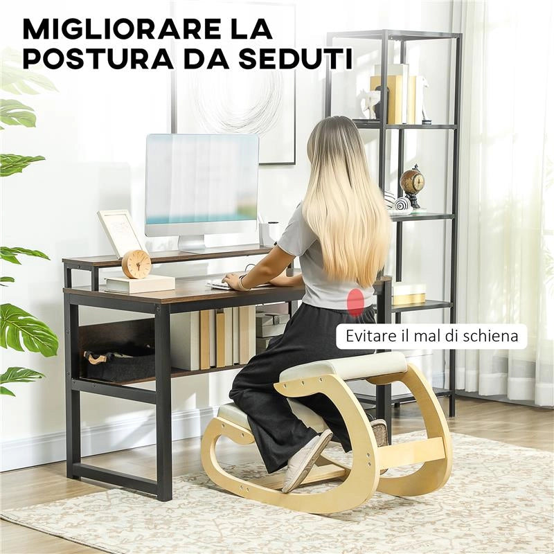 SEDIA ERGONOMICA CPN INGINOCCHIATOIO + MOVIMENTO A DONDOLO, IN TESSUTO EFFETTO LINO E LEGNO DI BETULLA, 55X85X55 CM, CREMA