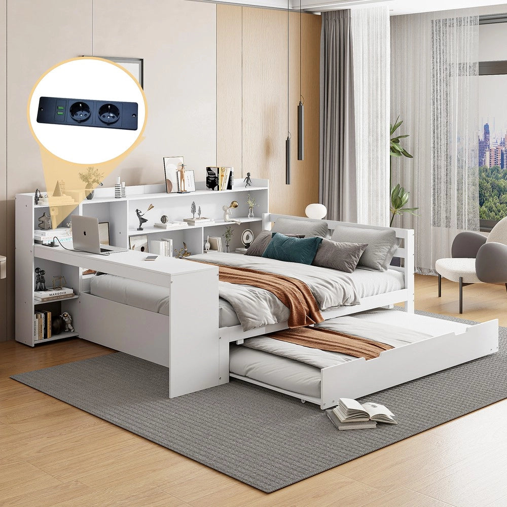 Letto a Soppalco con Scrivania e Libreria ¨C MINIMAL ¨C Legno Massello Bianco 140x200