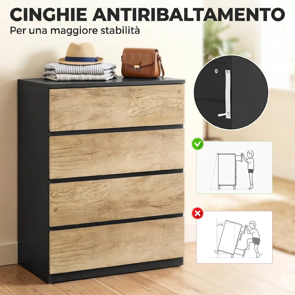 Cassettiera 4 Cassetti 60x40x80 cm con Guide in Metallo e Maniglie Scanalate in Legno Nero e Rovere