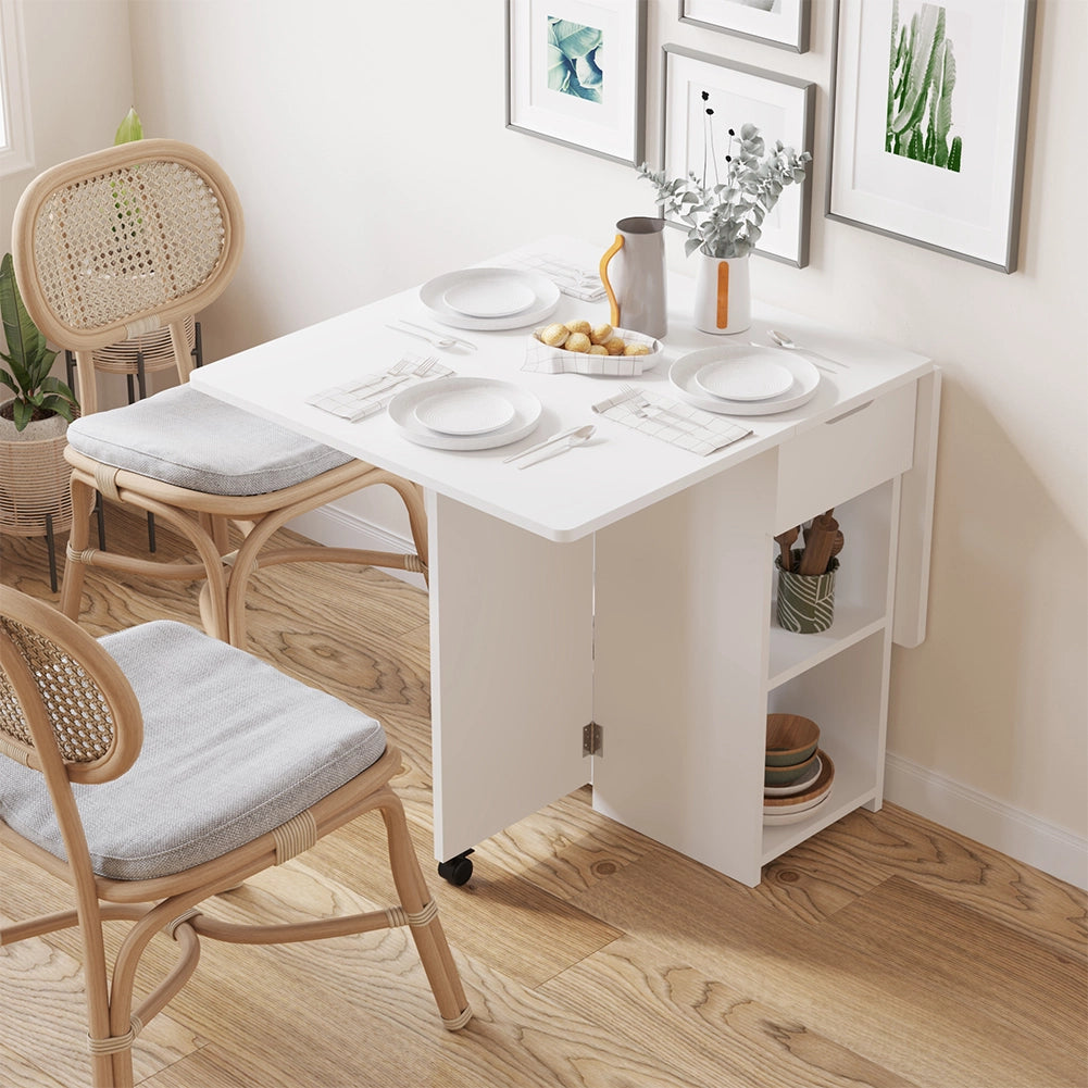 Tavolo Pieghevole Salvaspazio Anta a Ribalta 120x77x75 cm con Ruote in Legno Bianco