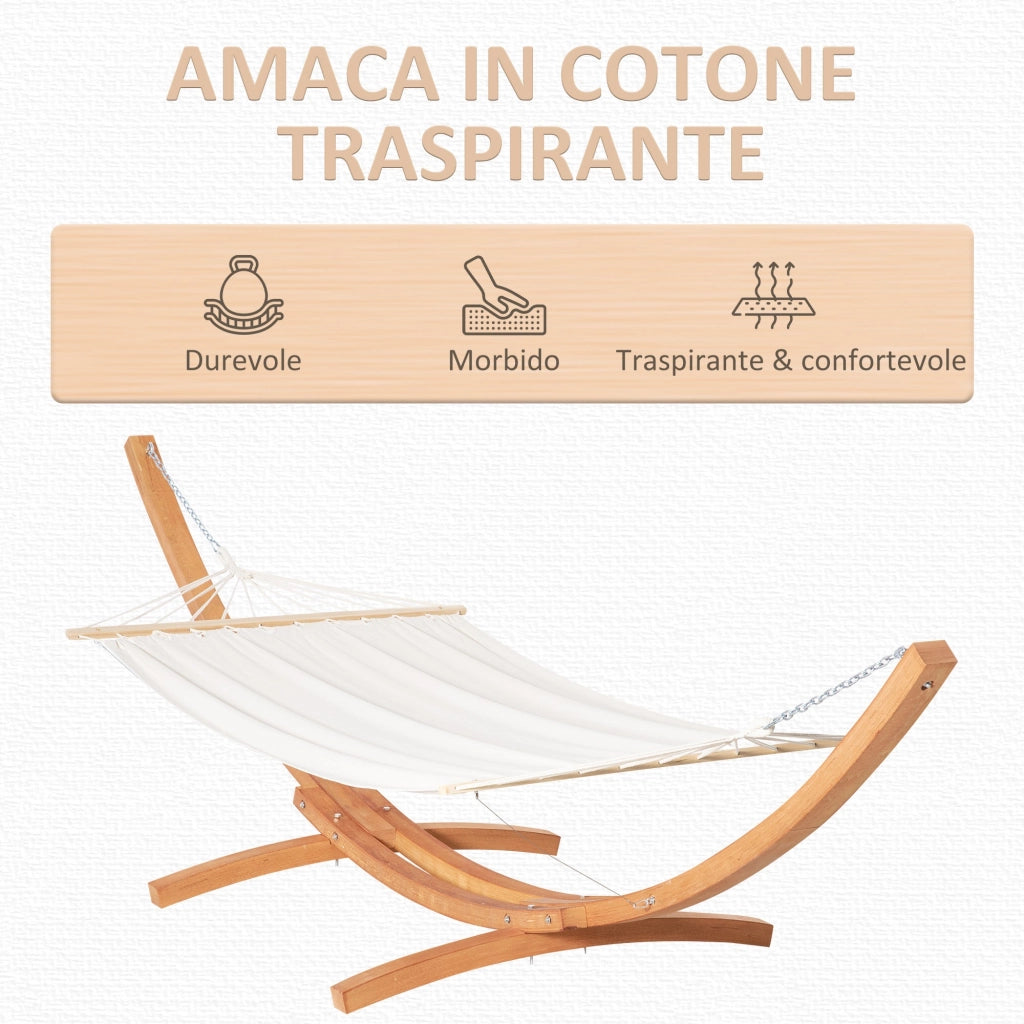 Amaca da Giardino 392x120x102 cm con Supporto in Legno di Pino e Cotone Bianca