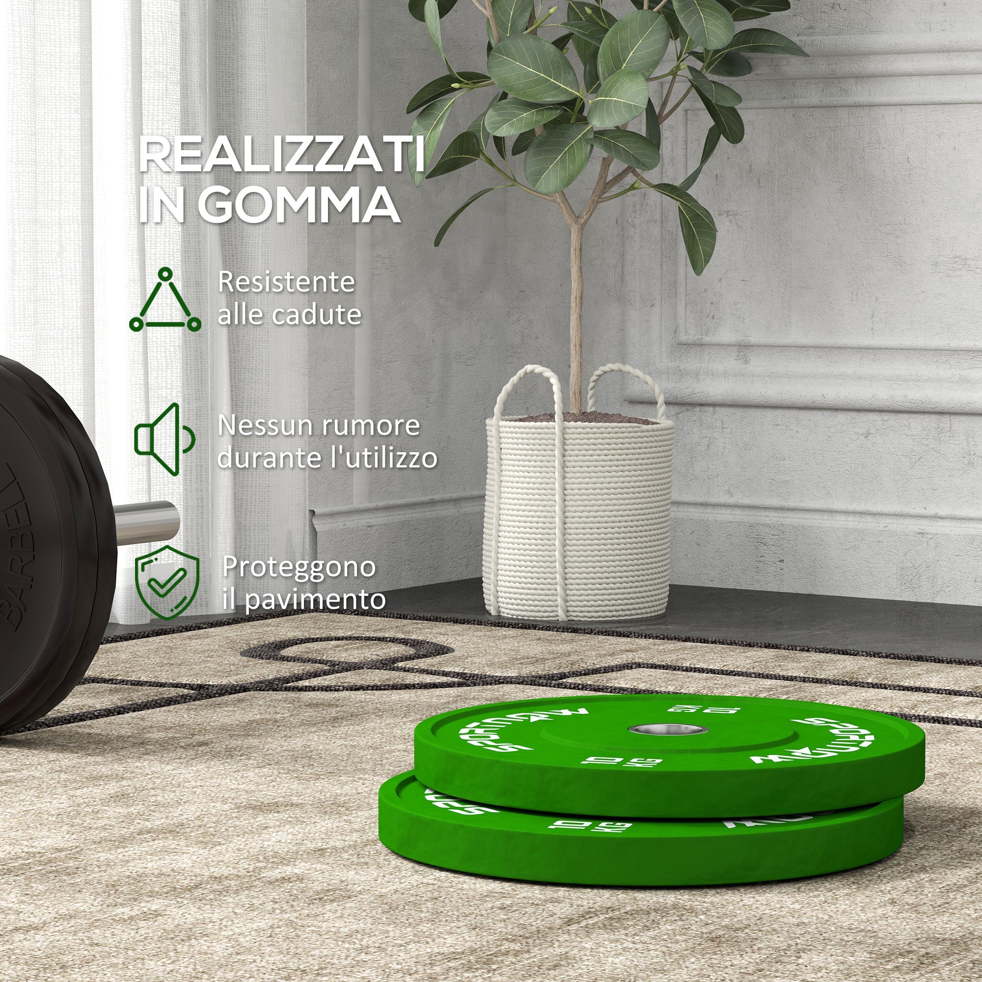 Set 2 Dischi Pesi da 10kg in Gomma con Foro da 2"/5 cm per Manubri e Bilancieri Verde