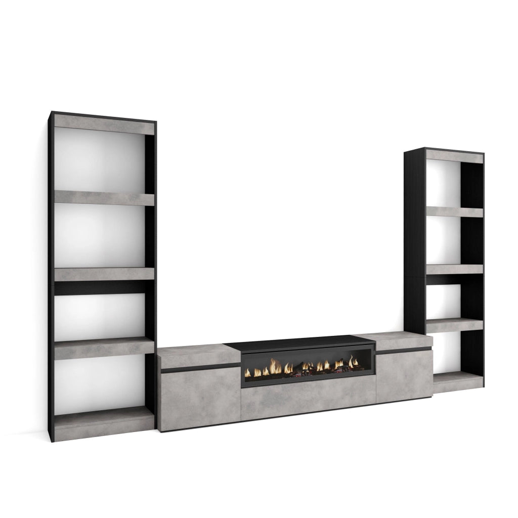 Mobile TV, Soggiorno, 320x35x186cm, Per TV fino a 80", Camino elettrico, grigio cemento RF2607
