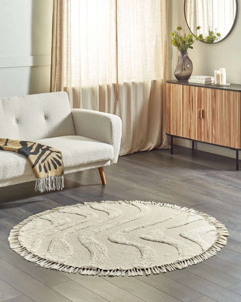 Tappeto rotondo in cotone beige ⌀ 140 cm con motivo a frange Boho Soggiorno Camera da letto