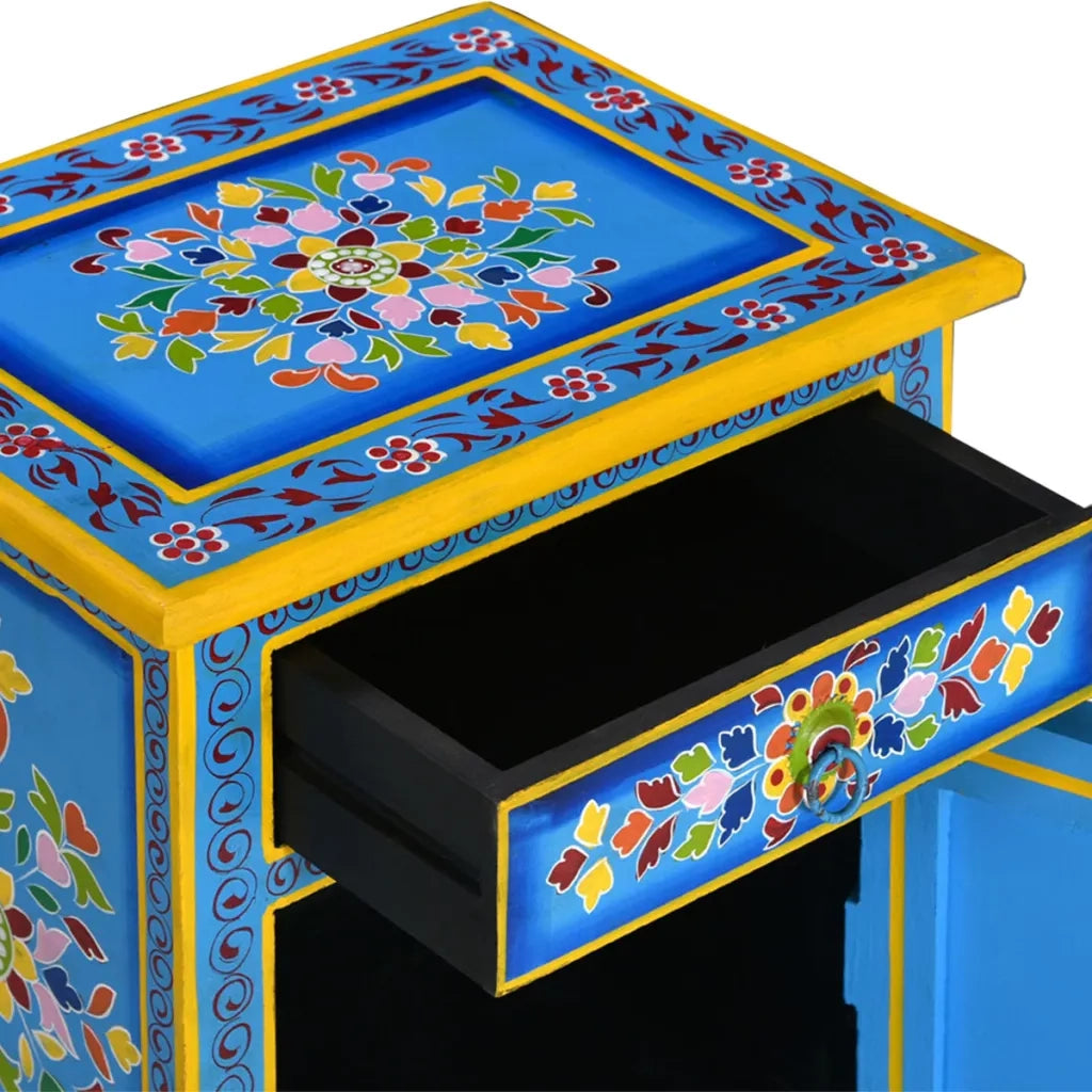 Comodino in Legno Massello di Mango Turchese Dipinto a Mano 244834
