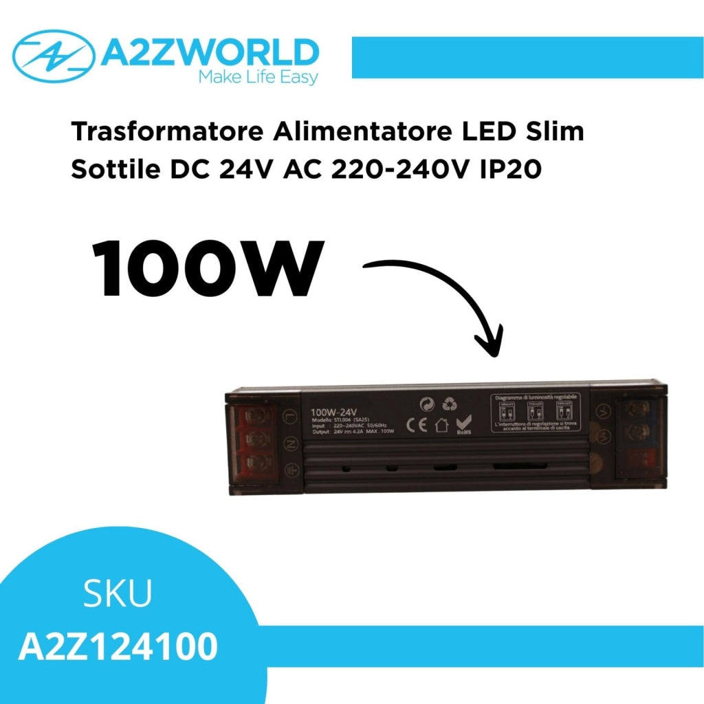 Trasformatore Alimentatore LED Slim Sottile 100W DC 24V AC 220-240V IP20 Dimmerabile a DIP con Coperchio Protezione su Morsetti 150x35x25mm