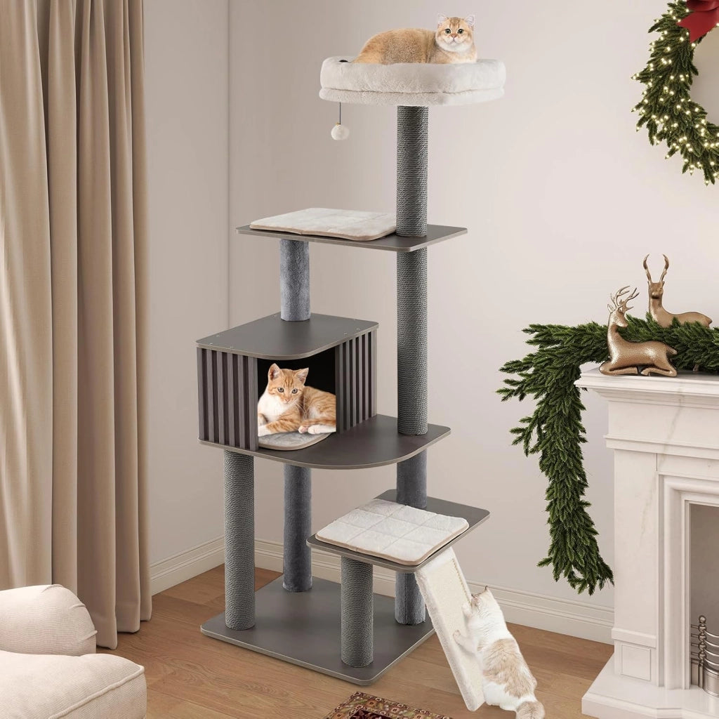 Albero per Gatti a 6 Livelli, Torre per Gatti Alta 171 cm con Cuscino, Condominio, Tappetini Staccabili e Pannello in Sisal, Albero Tiragraffi in Legno con Palla Pompom Appesa