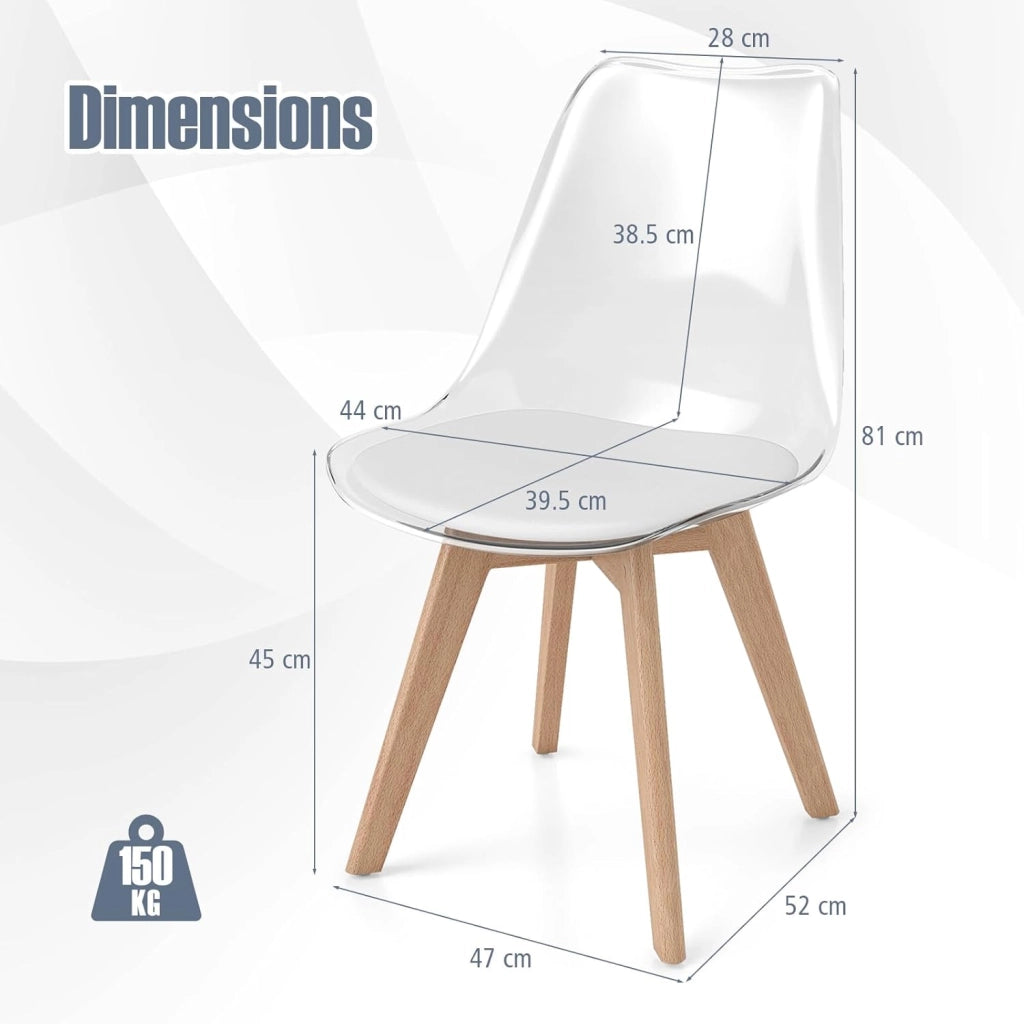 Set di 4 Sedie da Pranzo Trasparenti, Sedie da Cucina con Seduta Imbottita, Schienale Curvo e Gambe in Legno Massello, per Soggiorno e Camera da Letto, Capacità di Carico 150 kg (Bianco)