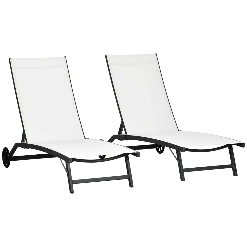 Set 2 Lettini Prendisole 66x165x102 cm con Schienale Reclinabile in Alluminio e Tessuto Traspirante Crema