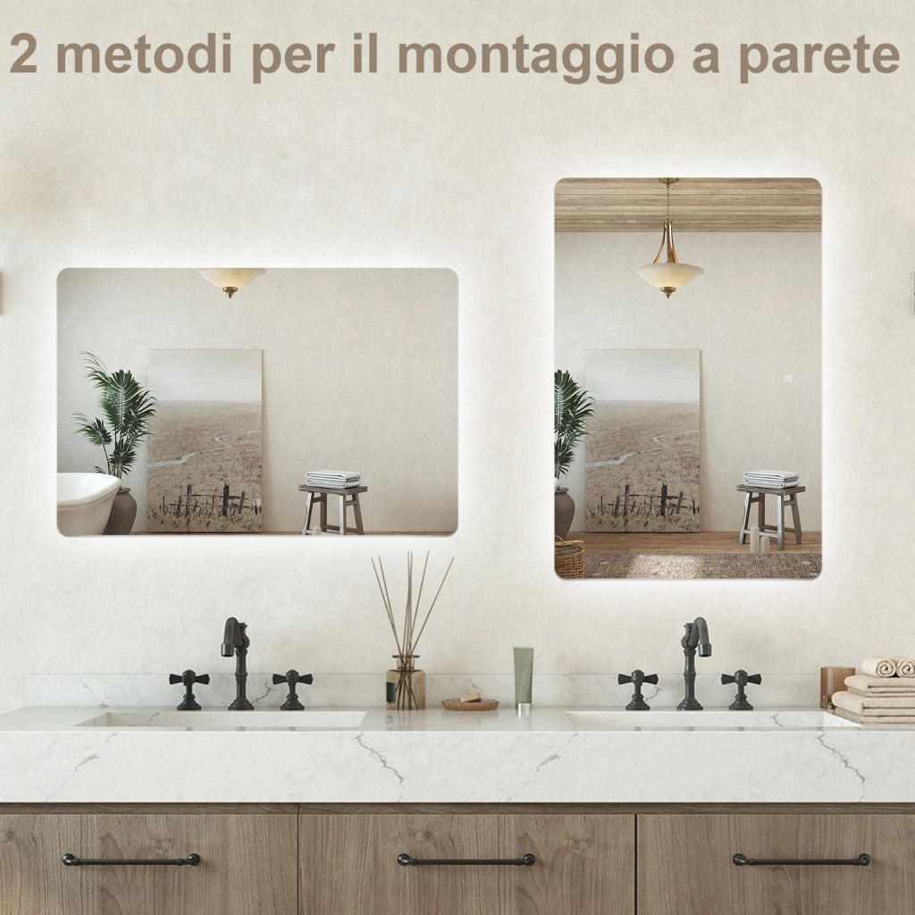 Specchio bagno Rettangolare 60x40cm Retroilluminato Con Led, Design Moderno + 3 Luci