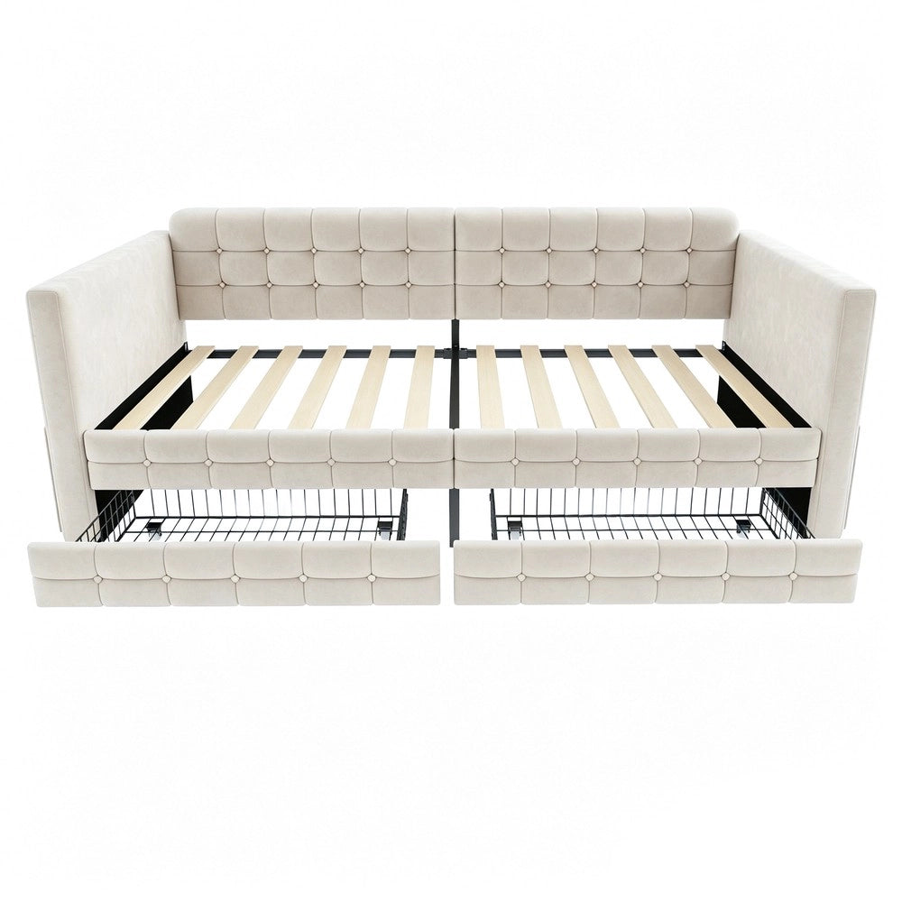 Letto imbottito singolo contenitore ¨C Minimal ¨C velluto beige 90x190 con cassetti